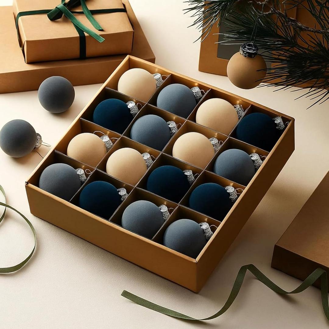 PullCrease 15 Pcs Velvet Christmas Ornaments 2.36 Inch Neutral Shatterproof Plastic Velvet Balls Flocked Ornaments for Christmas Tree Hanging Decorations(Beige, Gray, Dark Blue)