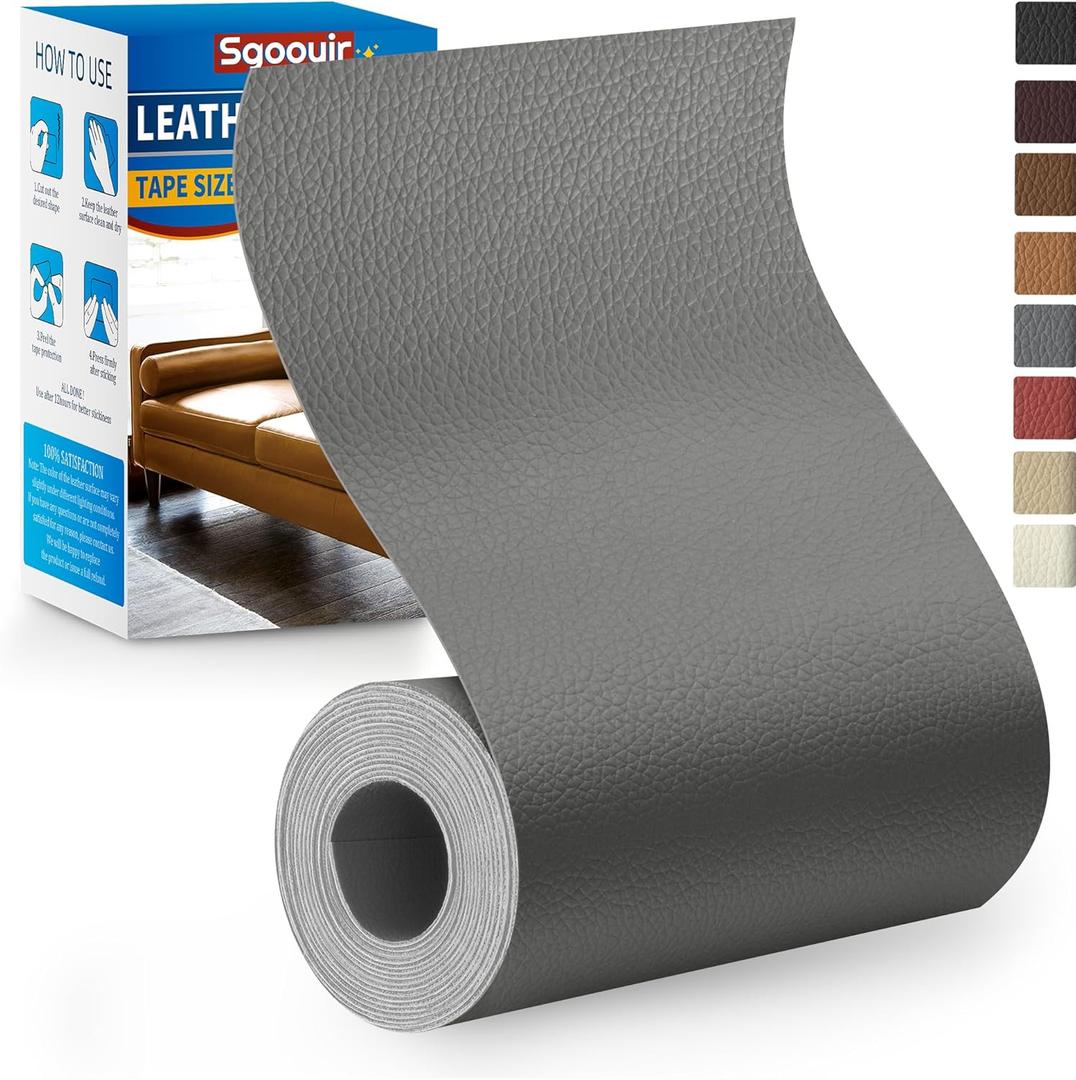 Leather Repair Patch Tape Kit, 4" x 63" Self Adhesive Leather Repair Patch for Furniture, Vinyl Leather Repair Kit for Car Seat, Chairs, Couch, Sofa, Boat Mid-Gray