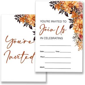 Watercolor Fall Invitations for Wedding Thanksgiving Birthday Baby Shower Floral Autumn Wedding Party Invites with Envelopes Set of 20, Fill in Blank, Double Sided