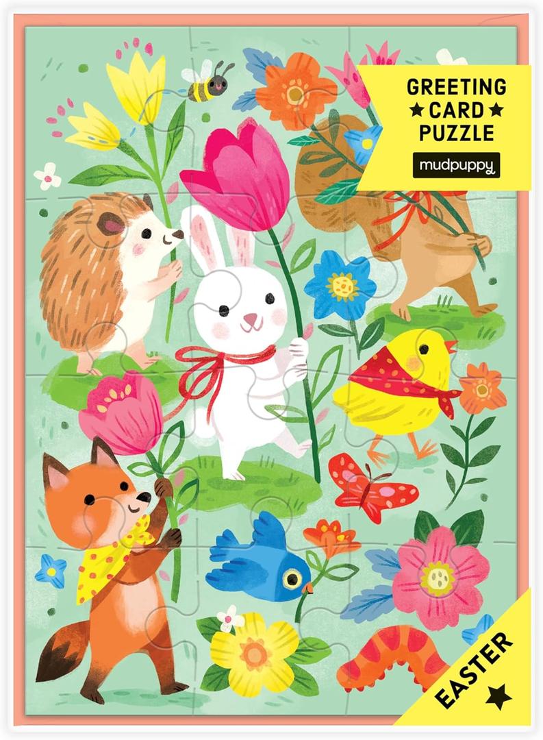 2 x Mudpuppy Hoppy Easter  Bunny Rabbit Easter Themed Greeting Card and Jigsaw Puzzle Includes Color Coordinated Envelope and Sticker Seal