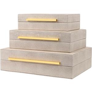Ivory Shagreen Box Set Of 3 Faux Leather Decorative Boxes, Large Modern Nesting Storage Decorative Boxes with Lids for Home Decor Stacking jewelry Box Organizer