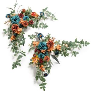 Ling's moment 2PCS Burnt Orange Artificial Flower Garland Wedding Arch Flowers Floral Swags Centerpieces Teal Blue Rose Terracotta Garlands Greenery for Table Easel Wall Entryway Board Backdrop