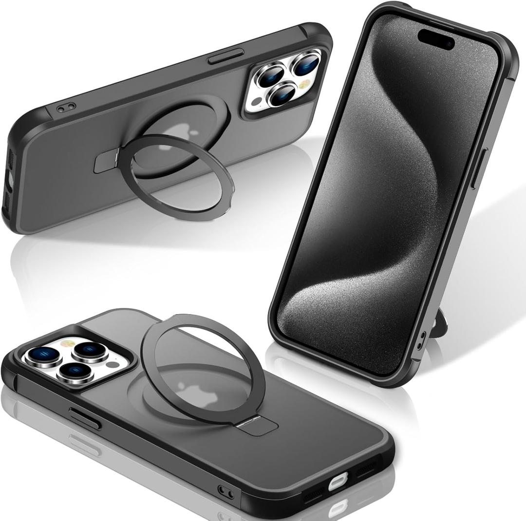 STERKER Magnetic Stand Ring Compatible with iPhone 15 Pro Max Case [Military Grade Drop Protection][Compatible with Mag-Safe] Kickstand Slim Matte Case for iPhone 15 Pro Max Phone 6.9", Black