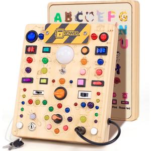 Busy Board with 19 LED Light Switches, Montessori Toys for 1 2 3 Years Old, Wooden Sensory Board, Toddlers Activity Travel Toys for 1 2 3 Year Old Boy & Girl Birthday Gift 