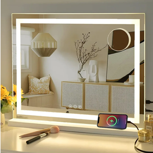 Vanity Mirror with Lights, 23" x 18" Makeup Mirror, Hollywood Mirror with 3 Color Modes & Adjustable Brightness, Detachable 10x Zoom Mirror and USB Charging Design (White)