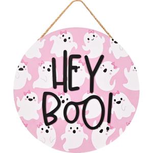 Pink Halloween Hey Boo Door Decor, 3D Pink Ghost Wood Welcome Sign for Front Porch, Halloween Wreath for Little Boo Baby Shower, Playhouse