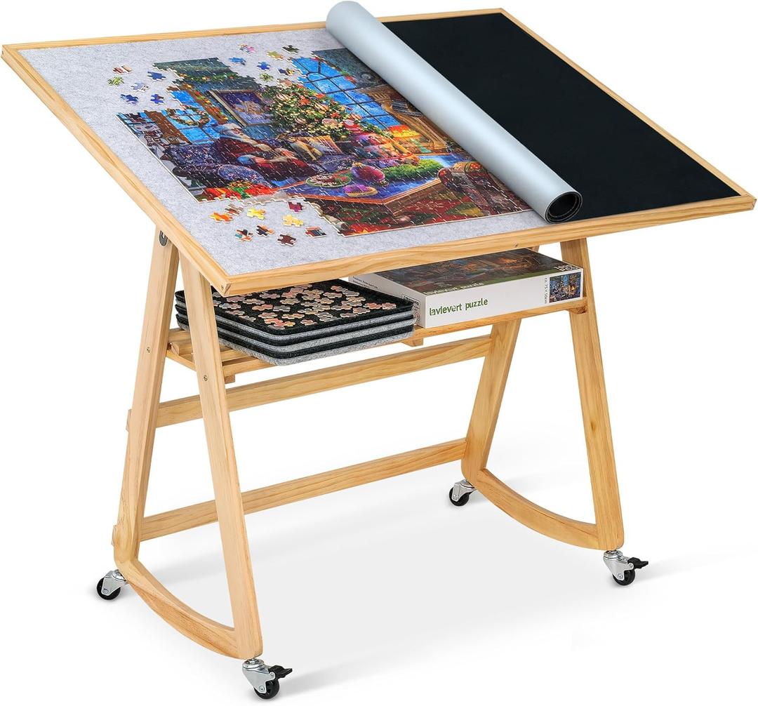 LAVIEVERT 1500 Piece Tilting Puzzle Table with Legs & Cover Mat, Adjustable Jigsaw Puzzle Board Easel with Storage, Portable Wooden Table with 4 Wheels for Adults, Great Assistant for Mom & Elderly