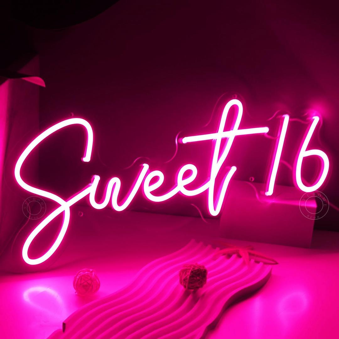 SYLHOME Pink Sweet 16 LED Neon Light Sign 17"X7.3" 5V Sweet Girls Adults Bedroom Happy Birthday Party Wall Decor Beautiful Bestie Sister Gift USB