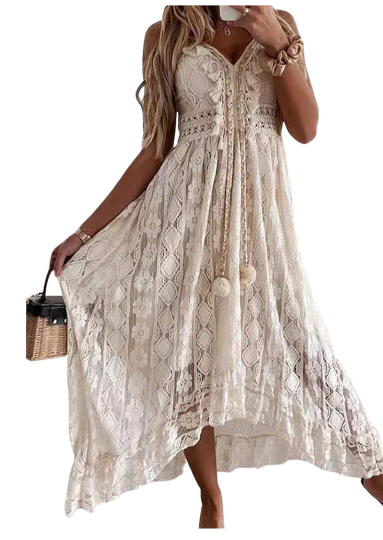 CUPSHE Women's Summer Dresses Sleeveless Lace Casual Tassel Beach Spaghetti Straps Flowy Maxi Sun Dress, S