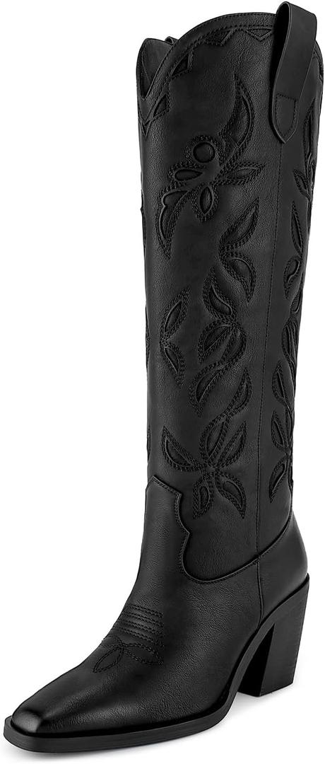 ISNOM Knee High Cowboy Cowgirl Boots for Women, Western Boots with Pull On Tab, Chunky Heel Design, Unique and Stylish (8.5, Matte Black)