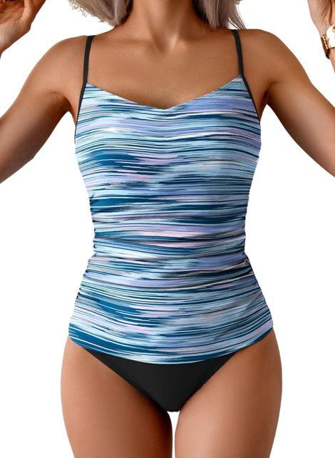 Eomenie Tankini Swimsuits for Women Two Piece Tummy Control Bathing Suit Slimming Modest Swimwear with High Waisted Bottom, Large