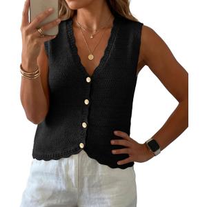 GRECERELLE Womens Summer Sleeveless Sweater Vest - V Neck Knit Button Down Casual Tank Tops (X-Large)