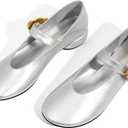 Women Mary Jane Shoes Pumps Chunky Comfortable Low Heels Closed Round Toe Dress Work Wedding Shoes (8, Silver)