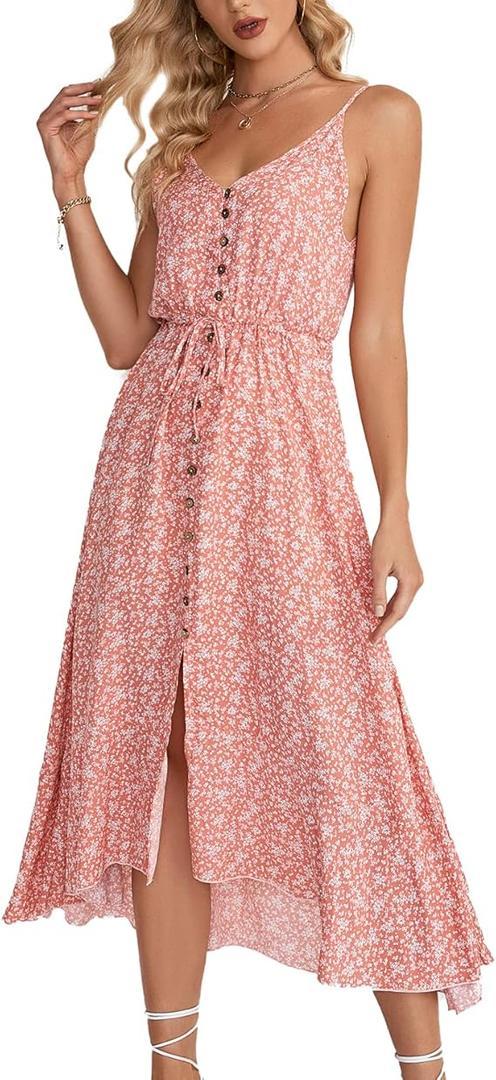 BROVAVE Women's 2026 Summer Casual Boho Sundress Polka Dot Spaghetti Strap V Neck Flowy Midi Dresses, Pink Large