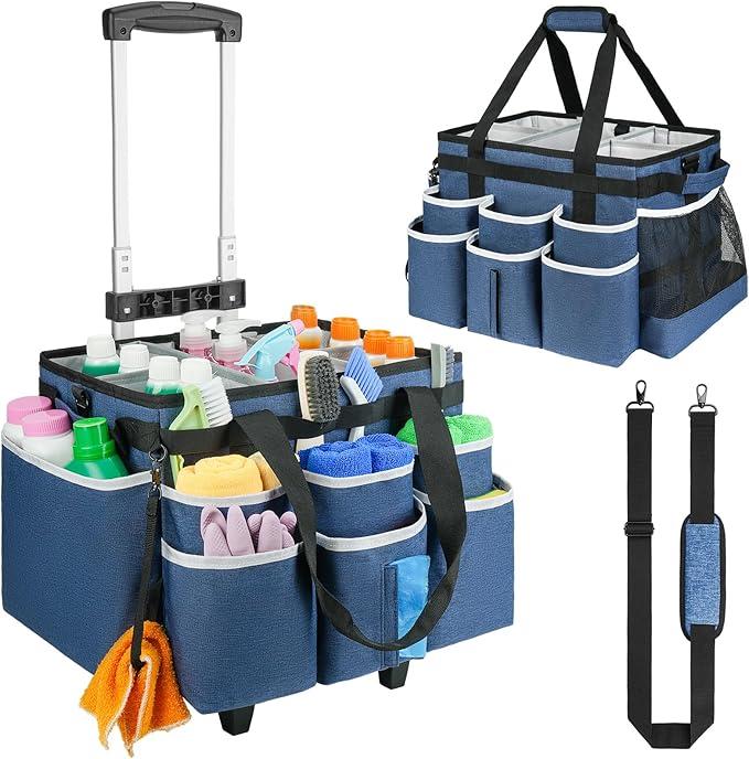 Large Rolling Cleaning Caddy Bag with Detachable Trolley,Cleaning Cart on Wheels with Shoulder Strap,Cleaning Supplies Organizer for Housekeepers