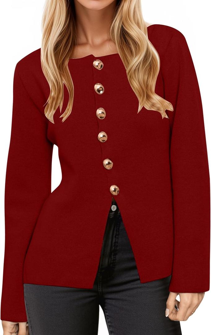 womens cardigan sweaters Long Sleeve Button Up Cardigan Lightweight Knit Business sweater Blazer Casual Fall Jackets (Small, Wine Red)