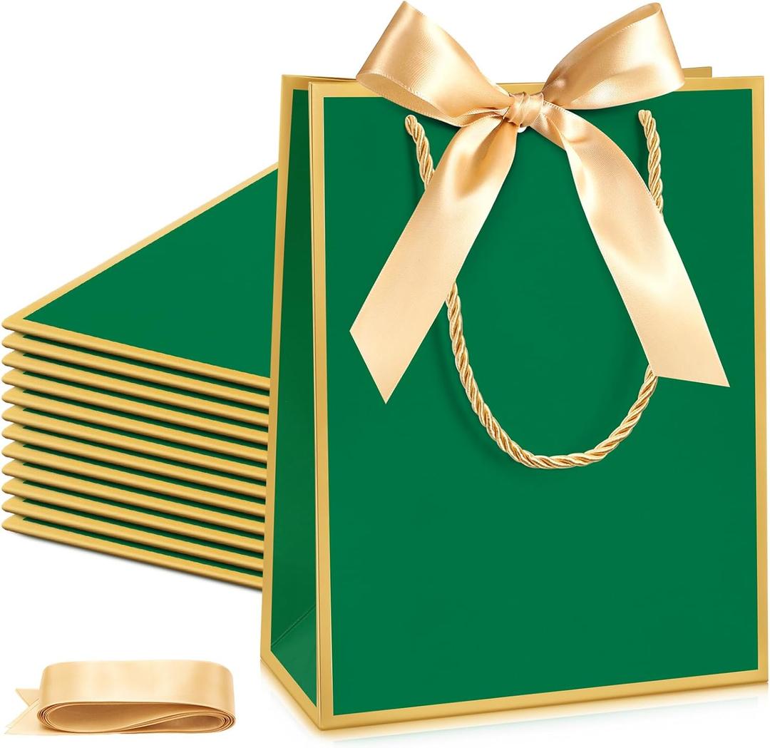 Silkfly Paper Gift Bags with Handle 9x7x3.15'' Thank You Gift Bags with Bow Ribbon for Graduation Appreciation Holiday Wedding Bridal Baby Shower Birthday Party Supplies(Dark Green, Gold,24 Pcs)