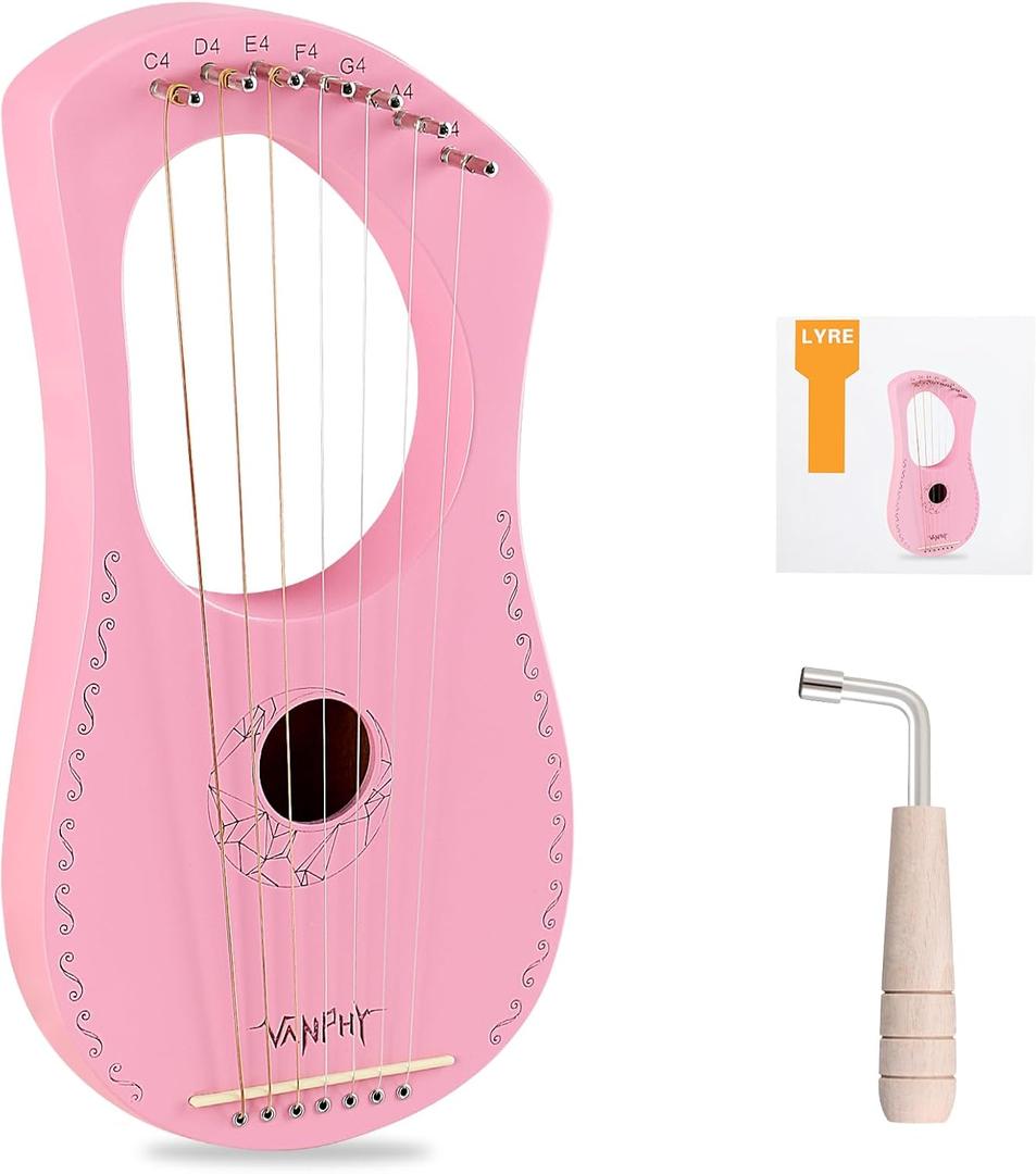 Lyre Harp VANPHY Lyre Harp 7 Strings Mahogany Body Metal String for Beginner Harps Classical Style Harp Instrument with Tuning Wrench Strings Gig Bag (Pink)