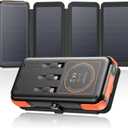 SOARAISE Wireless Solar Power Bank, 25000mAh Solar Charger with Built-in 3 Cables, Dual Outputs, 4 Solar Panels & 3 LED Flashlights, Portable Phone Charger for Outdoor Camping (Orange)