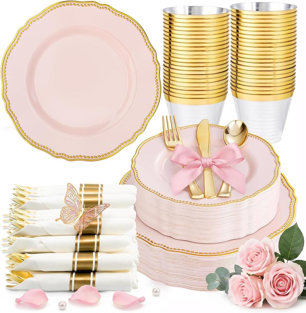 Hioasis 175pcs Pink and Gold Plastic Plates - Pink Plastic Dinnerware Set Includes 25 Dinner Plates, 25 Dessert Dinnerware, 25 Cups, 25 Napkins Perfect for Wedding & Easter & Mothers Day