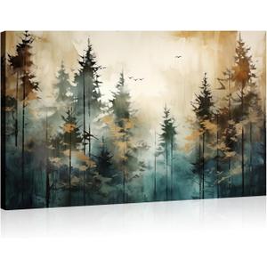 Landscape Canvas Wall Art Forests Picture Pine Trees Painting Vintage Watercolor Prints for Living Room Bedroom Bathroom Home Office Decor Framed(Art-4,16.00x24.00 inch)