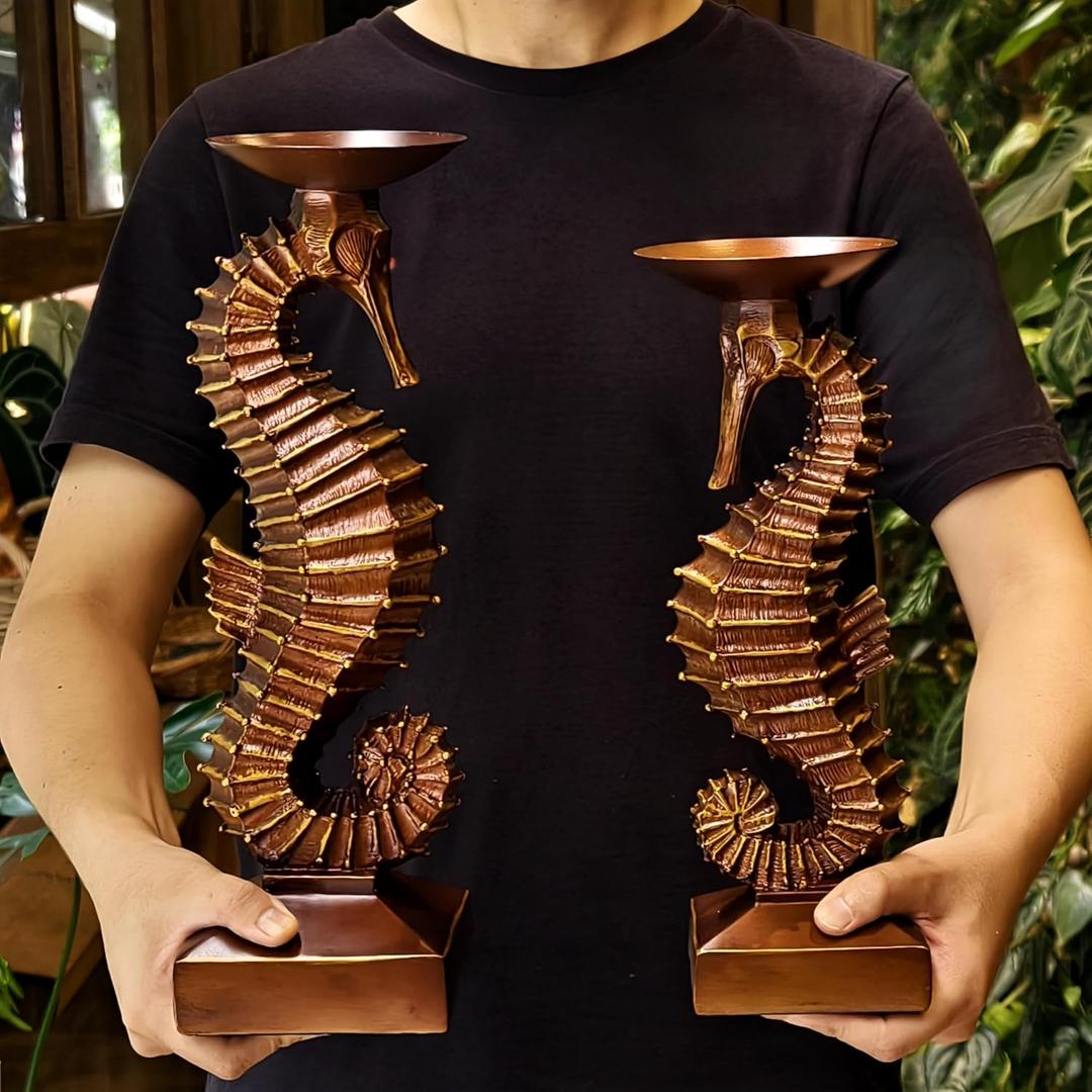 15H Antique Bronze Seahorse Candle Holder 2 Pcs Statue Elegant Home Wedding Table Ocean Seaside Decor Saltwater Fish Coastal Nautical Bygone Era Theme Presents for Sea Marine Magical Things Lovers