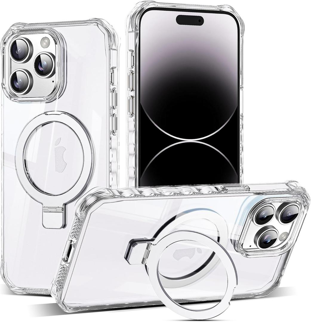 for iPhone 14 Pro Max Case with Magnetic Stand [Compatible with Mag-Safe] [Military Drop Tested] Slim 14 Pro Max Phone Case with Good Grip Curly Wave Edge for Women Men 6.7'', Clear