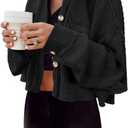 Panadila Women's Cropped Waffle Knit Shacket Short Button Down Jacket Batwing Sleeve Shirts with Pocket (Medium, Black)