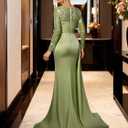 Mermaid Satin Prom Dresses for Women 2026 Long Sleeve Sequin Formal Dress Sparkly Evening Party Gowns with Slit (Green)