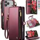 Defencase Compatible with iPhone 17 Pro Case Wallet with RFID Blocking Card Holder for Women Men, Fashion PU Leather Magnetic Snap Flip Zipper Strap Wallet Phone Case for iPhone 17 Pro 6.3",  Red