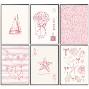 6Pcs Pink Coastal Granddaughter Canvas Wall Art Fashion Preppy Bikini Shell Painting Pictures Wall Decor Pink Bow Poster Print Artwork for Girly Room Dorm Home Decoration 12x16in Unframed