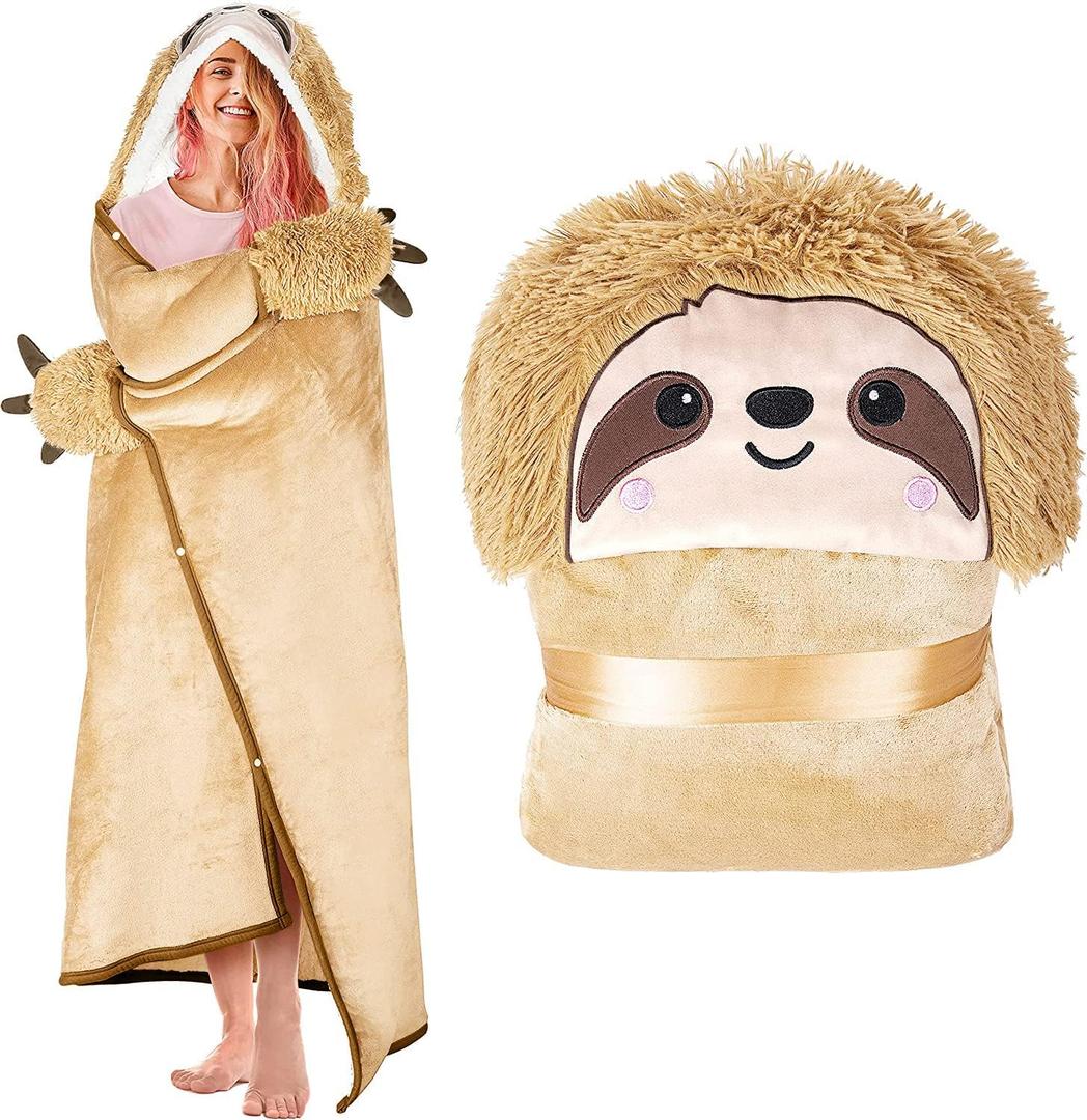 Sloth Wearable Hooded Blanket for Adults  Super Soft Warm Cozy Plush Flannel Fleece Throw & Sherpa Hoodie Cloak Wrap - Sloth Gifts for Women Adults Girls and Kids