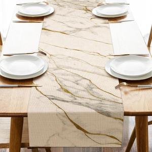 White Gold Marble Texture Dining Table Runner, Modern Abstract Fluid Art Geometric Burlap Kitchen Decoration, Luxury Indoor Outdoor Home Decor Party Supply 13 x 72 Inches