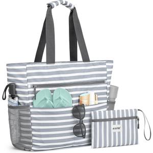 G4Free Beach Bag, Waterproof Sandproof Beach Tote Bag, Large Capacity Foldable for Women,Grey Stripe