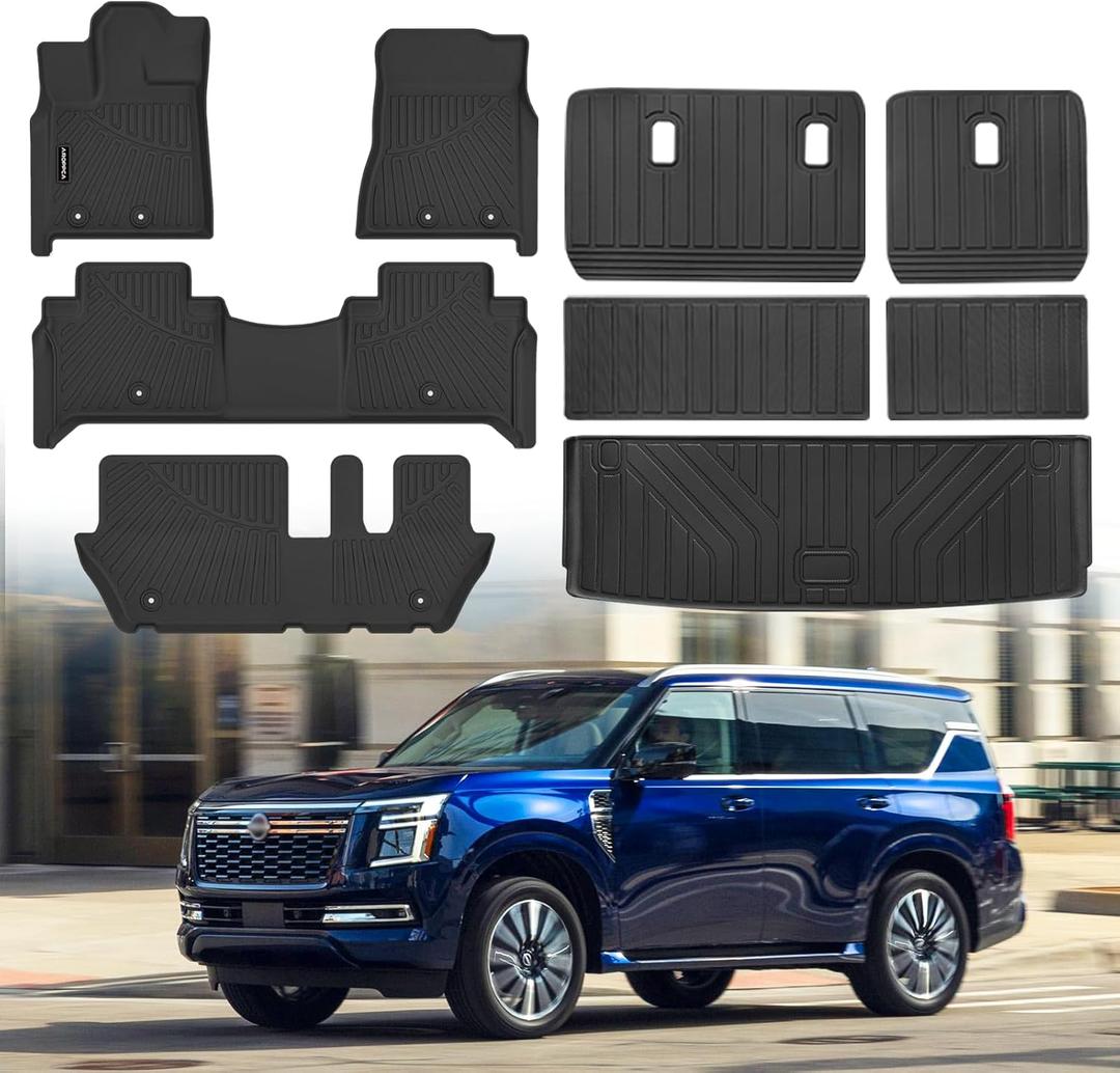 All Weather Car Floor Mats Cargo Liner with Backrest Mat for 2025 2026 Nissan Armada/Infiniti QX80 8 Seats, TPE Rubber Liners Full Set Automotive Mats for 2025 2026 Nissan Armada Accessories
