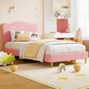 GarveeHome Upholstered Twin Size Bed Frame for Kids with Scallop Headboard, Cute Velvet Twin Bed for Girls, Boys, Sturdy Platform Bed, No Box Spring Needed, Wooden Slats, Noise Free, Pink