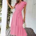 PRETTYGARDEN Women's Summer Floral Boho Maxi Dress Short Sleeve Wrap V Neck Ruffle Long Flowy Beach Wedding Guest Dresses (Pink, XXL)