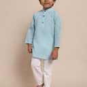 Superminis Baby Boys Ethnic Wear Colored Cotton Chikankari Kurta, Round Collar, Full Sleeves With White Pyjama (Blue, M)