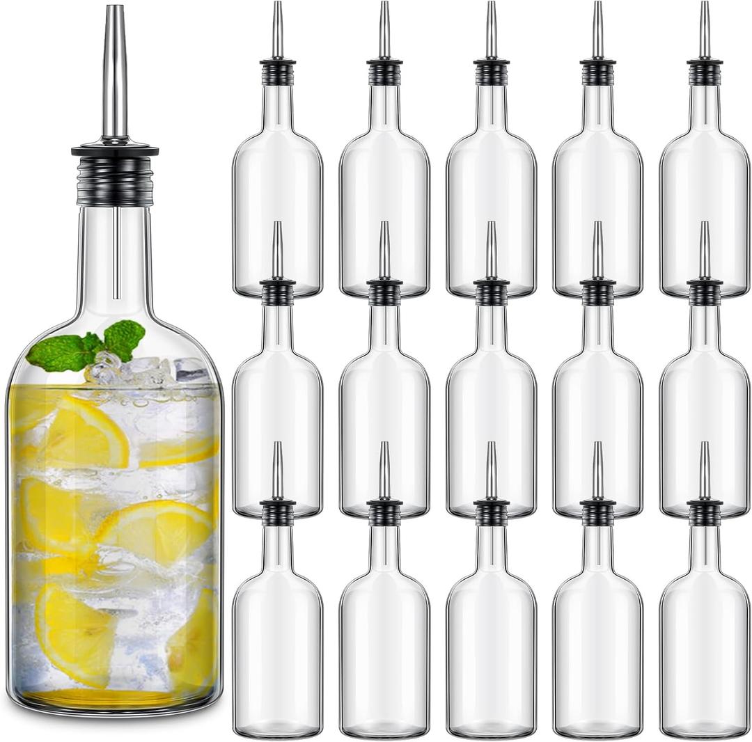 Baderke 17 oz Glass Long Neck Bottles with Pourer and Caps Glass Bar Juice Pour Syrup Bottles with Stainless Steel Bottle Pourer Tapered Spout for Juice Snowcone Syrup (16 Pcs)
