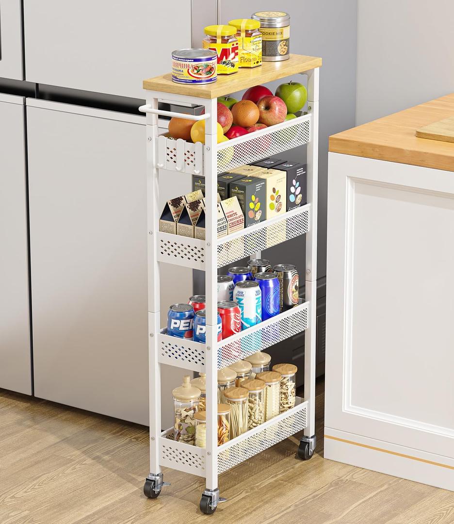 Giwil Slim Storage Cart 5 Tier Narrow Kitchen Rolling Cart on Wheels for Small Space, Metal Utility Cart Narrow Bathroom Storage Cabinet Mobile Shelf Unit Organizer with Wood Top and Handle, White