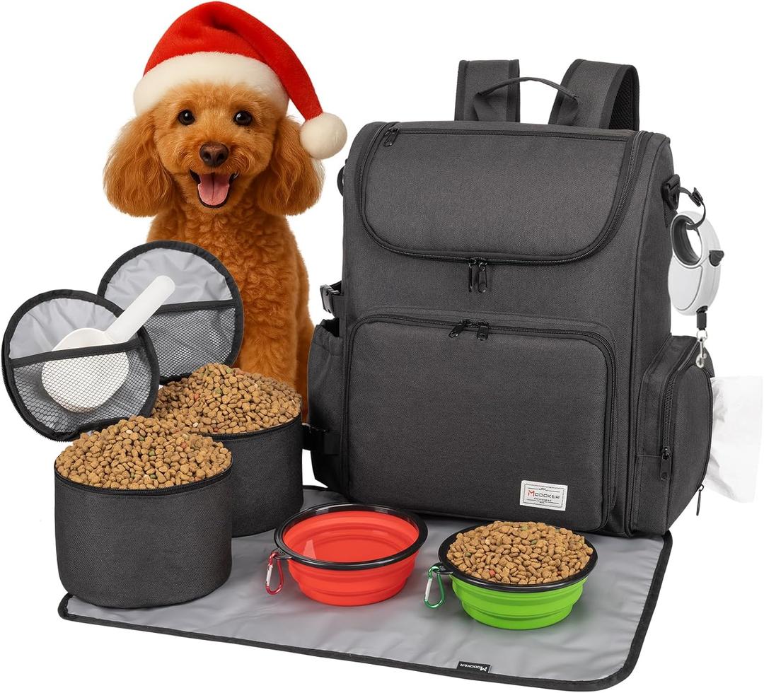 Modoker Dog Travel Bag Backpack, Airline Approved Pet Accessories Organizer for Dog and Cat with Shoulder Strap, 2 Dog Food Storage Containers, 2 Collapsible Dog Bowls,1 Pet Mat, Black