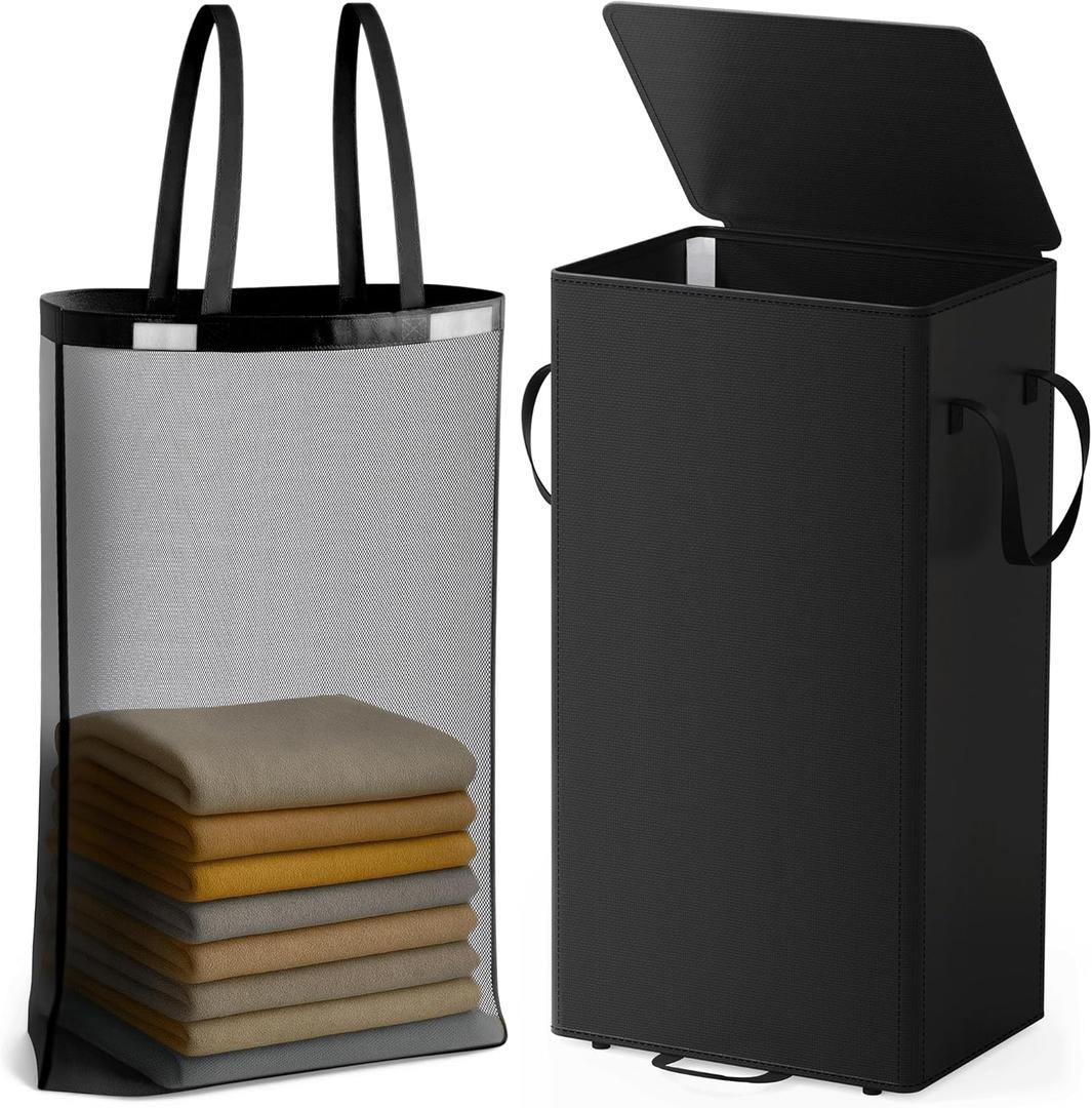 Criusia Laundry Hamper with Lid and Foot Pedal, 100L Fabric Laundry Basket with Removable Mesh Bag, Slim Foldable Design for Bathroom and Laundry Room (Black)