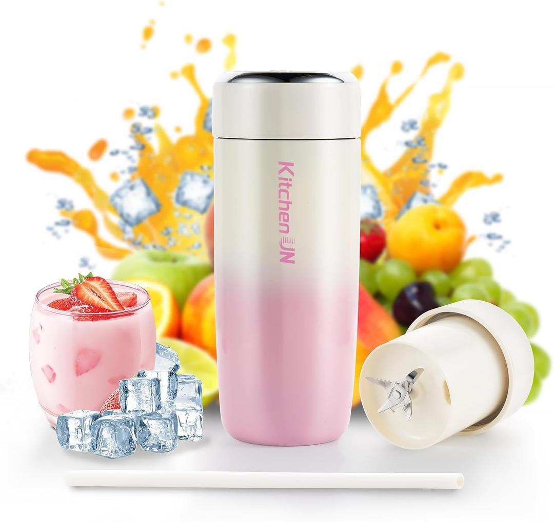 Portable Blender for Shakes and Fresh Fruit Smoothies, 16.1oz Insulated Stainless Steel Travel Cup, Cordless Personal Mini Mixer for Small Ice, USB-C Rechargeable for Gym Car Office - Pink