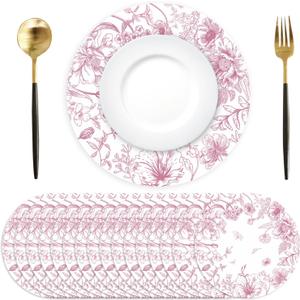 50 Pack Paper Placemats Disposable Pink Floral Placemats 13.7 Inch Vintage Chinoiserie Place Mats Decorative Round Table Mats for Dinner Table Setting Birthday Wedding Party Supplies