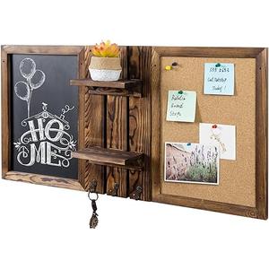 MyGift 32 x 16 Inch Wall Mounted Rustic Burnt Solid Wood Modular Organization Set with Chalkboard, Cork Bulletin Board, 2 Display Shelves, and 3 Metal Key Hooks