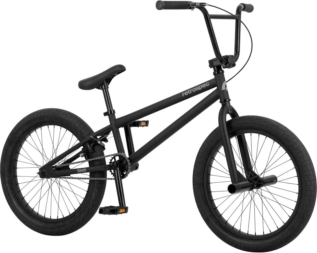 Retrospec Sesh 20 Kids BMX Bike - Freestyle Youth Bicycle for Boys and Girls With Removable Axle Pegs, U-Brake, Threadless Steering and Shock-Absorbing Tires for Children Ages 6-11 Years Old (Matte Black)
