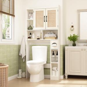 RUSTOWN Rattan Over The Toilet Storage Cabinet,Boho Over Toilet Bathroom Organizer with 2 Doors & Adjustable Shelves,Modern Above Toilet Rack with Toilet Paper Holder for Bathroom (Vintage White), 30.7 inches x 66.9 inches x 7.9 inches