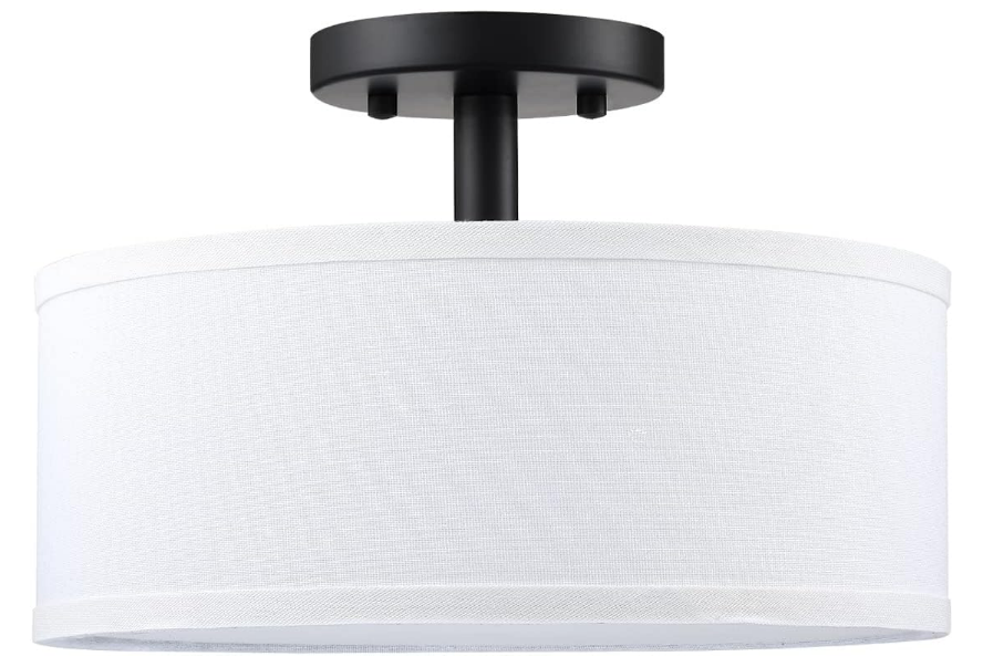 Semi Flush Mount Ceiling Light 12" Off White Linen Fabric Fixture Drum Shade Lighting Kitchen Island Chandeliers Bedroom Lighting Fixtures for Dining Room, Bar, Corridor, Living Room