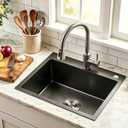 22x18 Inch Drop in Kitchen Sink, Handmade 304 Black Stainless Steel Sink, 9" Deep Single Bowl, Topmount with 2 Holes, R10 Tight Corner, for Modern Kitchen/RV/Bar Sink