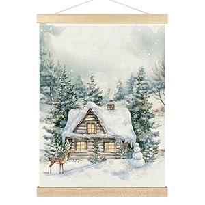 BCUANGD Winter Wall Art - Retro Christmas Deer Wall Decor Poster Hanger with Wood Frames, Rustic Pine Tree Landspace Holiday Xmas Wall Hanging Canvas Decor for Farmhouse Home Bedroom, 12x16 Inches